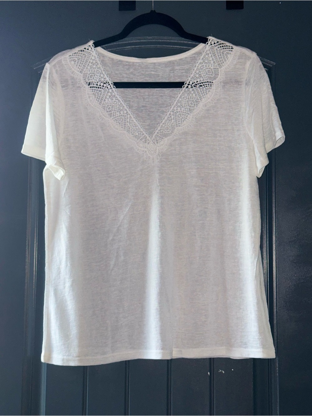 Lace-Trim V-Neck Short Sleeve Tee - White